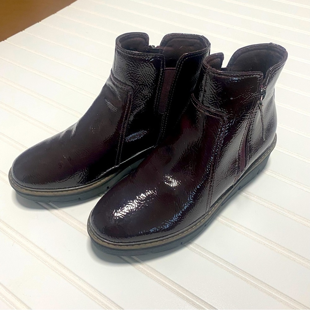 Clarks Airabell Zip Patent Leather Ankle Boots in Deep Wine - Picture 4 of 9